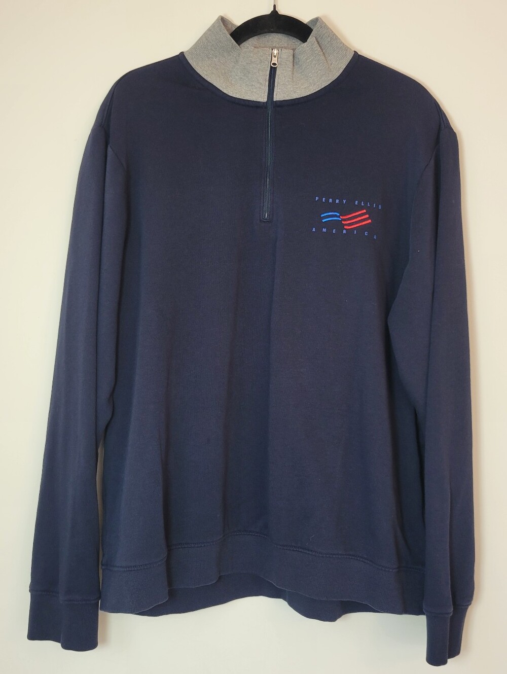 Perry Ellis America Mens XL Navy Quarter Zip Pullover Preppy Sweatshirt